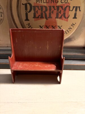 Vintage Artisan Signed Prim Colonial High Back Settle Burgundy Bench Dollhouse