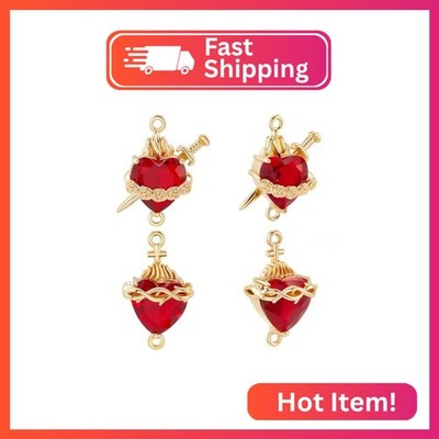 Beebeecraft 1 Box 6Pcs Cubic Zirconia Sacred Heart Charms 16K Gold Plated Brass