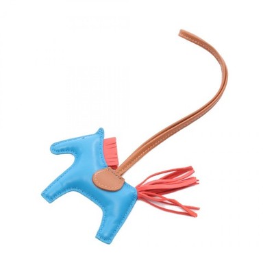 HERMES Rodeo PM Taschenanhänger Agneau Milo Leder Blau Rose Texas Gold Gebrau...