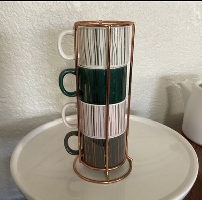 Set of 4 Stackable Espresso Coffee Mugs Cups w/ Copper-colored Holder (Mini)