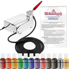 U.S. Cake Supply Complete Cake Decorating Airbrush Kit Compressor 12 Food Colors