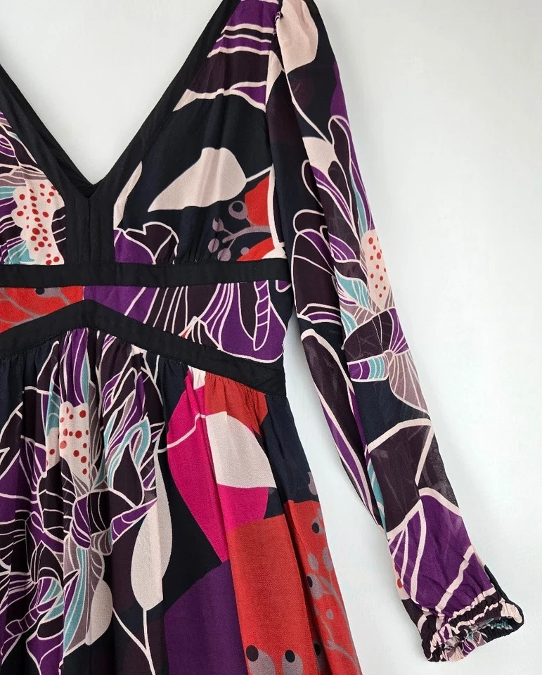 Vestido Anthropologie Let Me Be Negro Floral Boho Cuello en V Manga Larga Transparente Talla S Foto 4 de 4