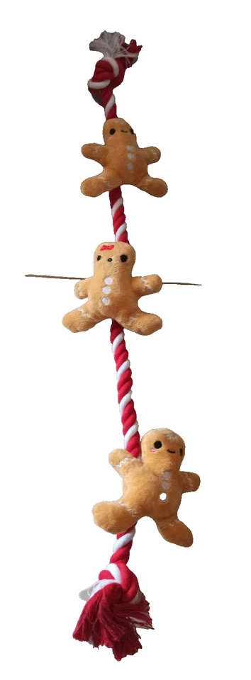 Christmas Dog Toy Large 26" / 66cm  Long Rope - 3 gingerbread men - soft Squeaks - Image 2 of 4