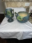 Roseville Bushberry Blue Handled Vase And Large Vase Damaged