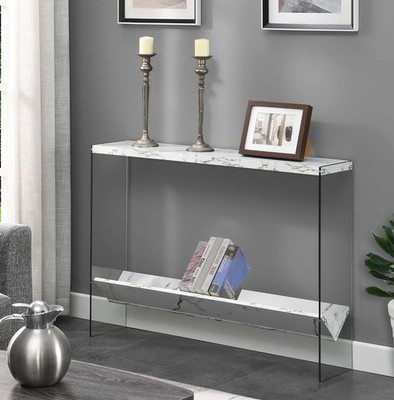 SoHo Glass V Console Table W/ Shelf White Faux Marble/Glass