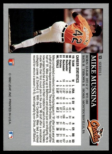 1992 Leaf Mike Mussina Baltimore Orioles #13 - Picture 2 of 2