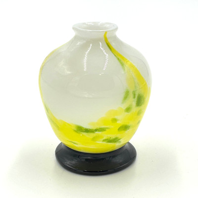 Japanese Art Glass Bud Vase in White, Yellow, Green w/Black Base