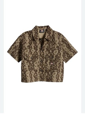 Dickies Camden Brown Python Snake Skin Short Sleeve Crop Twill Top Women M