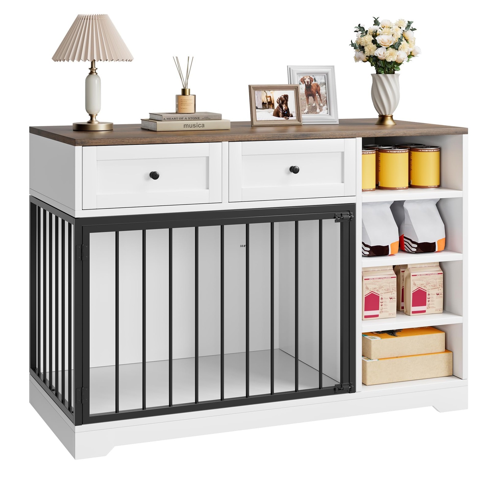 47 in Dog Crate Furniture with 2 Storage Drawers, 4 Deep Shelves, Farmhouse E...