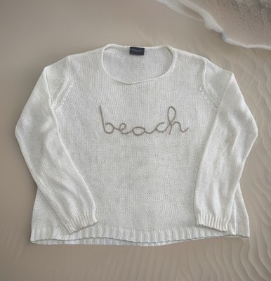 Wooden Ships Womens  Beach  Spellout Cream Knit Sweater Medium Coastal Cozy NWOT