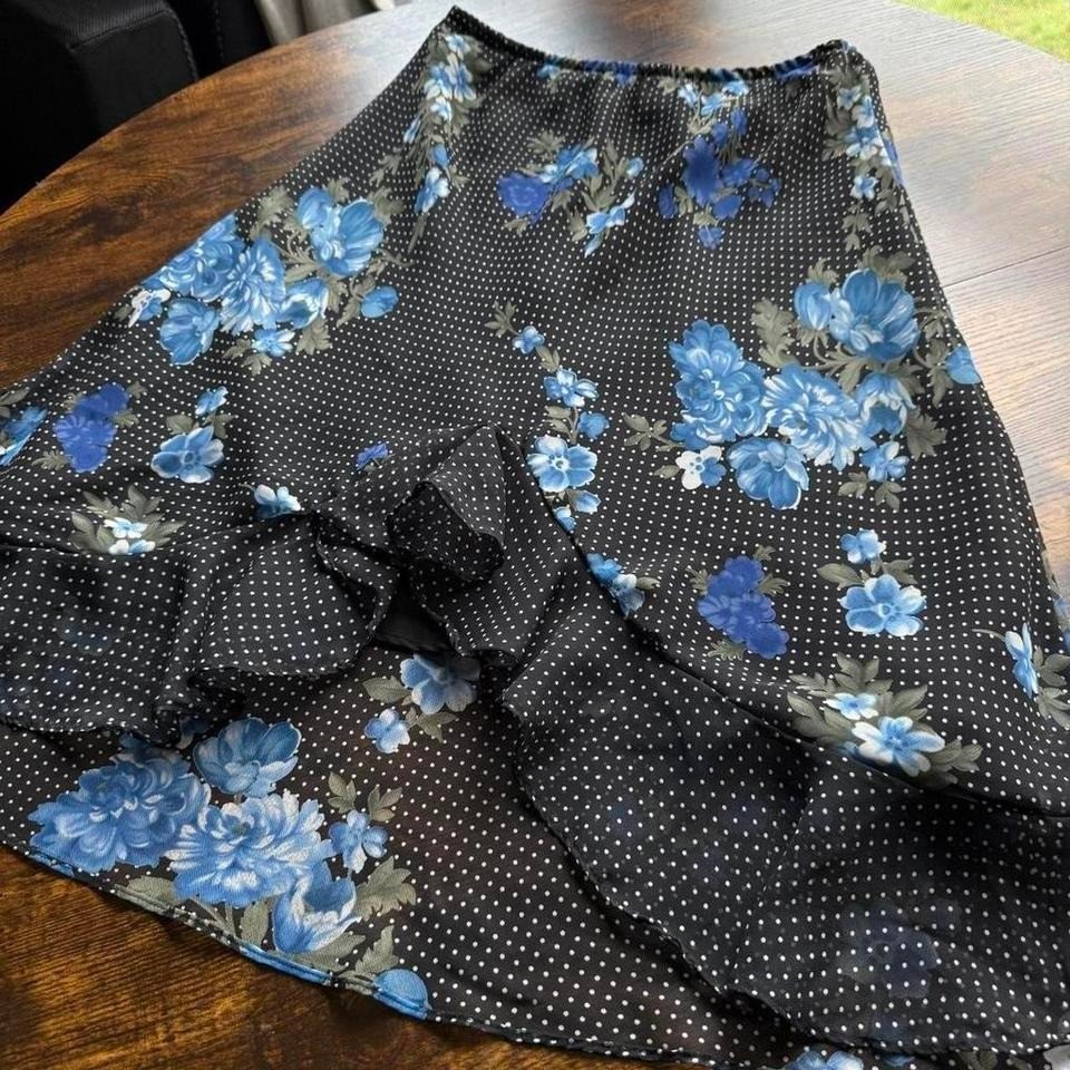 Vintage Blue Floral Ruffle Hem Midi Skirt Black Polka Dot Size Small
