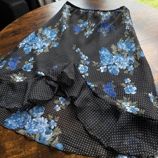 Vintage Blue Floral Ruffle Hem Midi Skirt Black Polka Dot Size Small