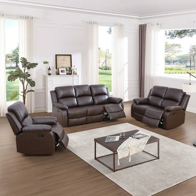 3-Piece Living Room Sofa Set, Brown Faux Leather (Semi-PU & PVC) Reclining Couch