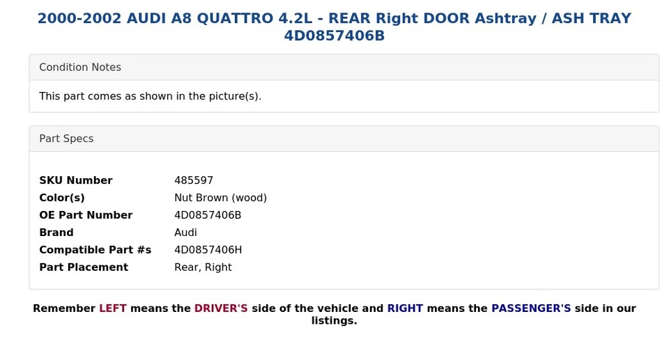 AUDI A8 QUATTRO 2000-2002 4,2 L - Cenicero puerta derecha trasero / bandeja ceniza 4D0857406B Foto 4 de 4
