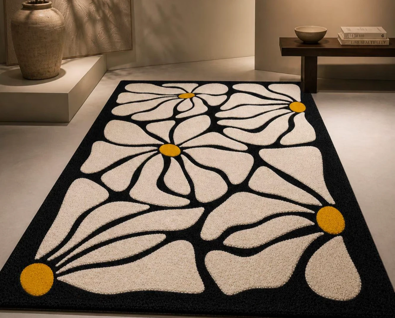 Hand Tufted Floral Rug, Black & Light Beige Modern Area Rug Handmade Carpet Rug