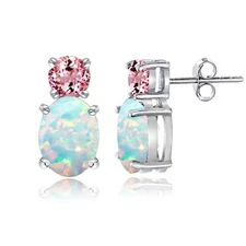 925 Sterling Silver Created Opal and Pink Tourmaline Stud Earring