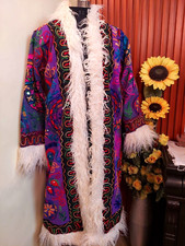 Vintage Afghan Penny Lane Coat Suzani Embroidered Mongolian Fur Flower print 80s