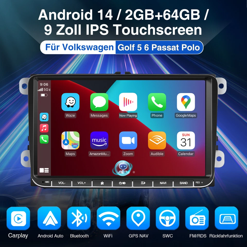9" Autoradio DAB+ Carplay Android 14 2+64G GPS Kam Für VW GOLF 5 6 Touran Tiguan - Bild 2 von 4