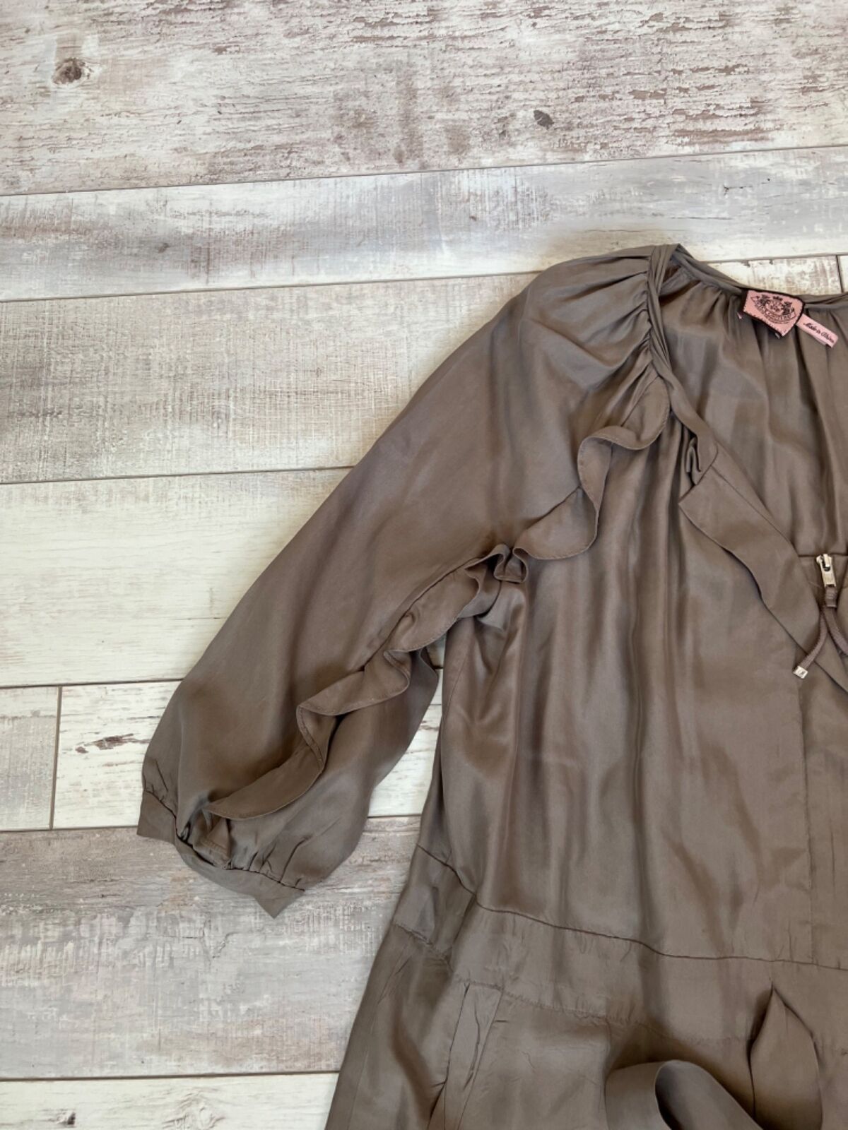 Juicy Couture Brown / Gray Silk Romper Ruffle Sle… - image 3