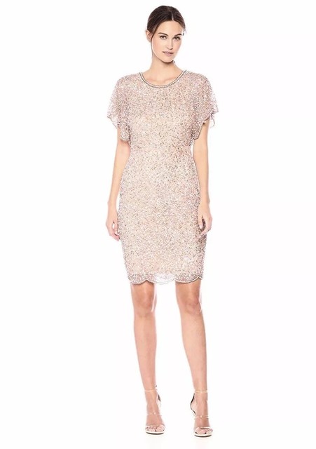 adrianna papell sequin beaded cocktail dress with flutter sleeves and scallop trim