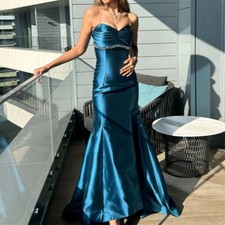 Blue Satin Evening Dresses V Neck Mermaid Beads Floor-Length Formal Party Dress