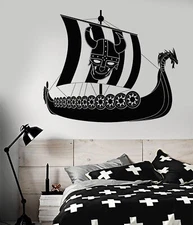 Vinyl Wall Decal Viking Pirate Ship Sailor Sail Helmet With Horns Sticker 1921ig