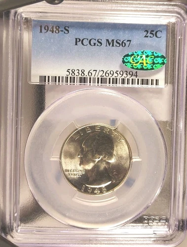 CAC Stickered Bright White 1948-S Washington Silver Quarter MS67 PCGS