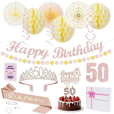 50th Birthday Decorations Set for Women - Queen Crown, Satin Sash, Card, Cake...