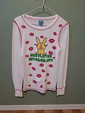 Y2K Vintage Happy Bunny Jim Benton Holliday Waffle Weave Shirt Mistletoe