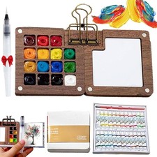 Mini Watercolor Travel Paint Kit Pocket Set 24 Colors Sketchbook Walnut