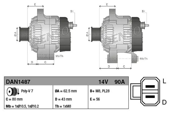 Alternatore con puleggia multipla DAN1487 DENSO per ISUZU D-MAX I D-MAX II