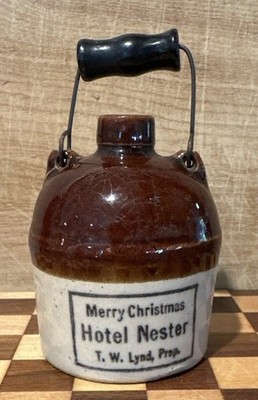 RARE MINIATURE STONEWARE HOTEL NESTER MERRY CHRISTMAS BAIL HANDLE JUG GENEVA, NY