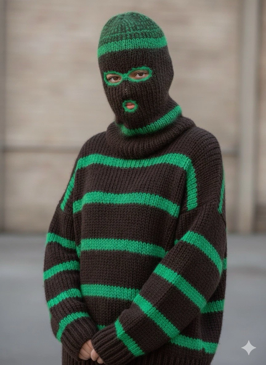 Balaclava Ski Mask Brown/Green 3 Hole Winter Hat Mohair/Alpaca Blend