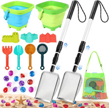 Beach Sand Toys Set with 2 PCS Adjustable Shark Tooth Sifter, Collapsible Beach 