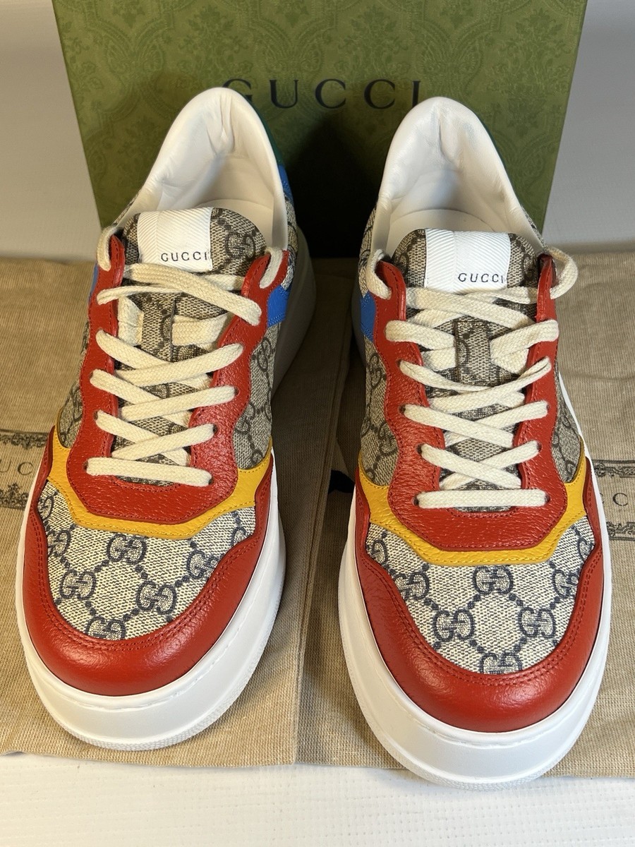 Gucci GG Supreme Low Top Sneakers Canvas Beige Red Blue Yellow Sz