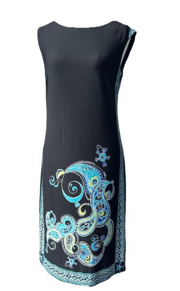 Sandra Darren Black Paisley Shift Dress Size 8 Knee Length Stretch Travel Work