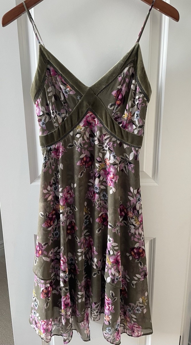 White House Black Market WHBM Olive Green Floral Print Velvet Trim Dress Size 00