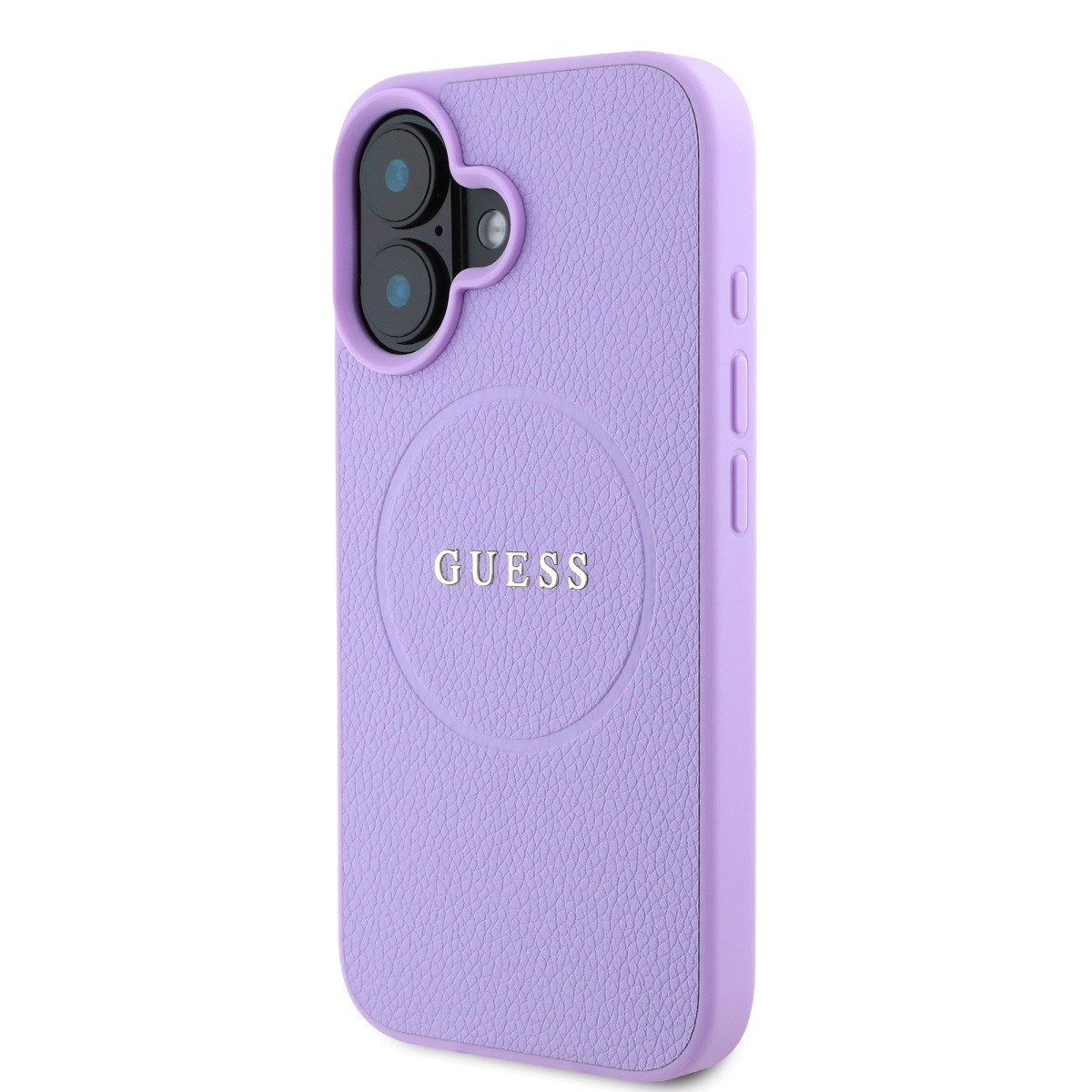 Coque Guess iPhone 16 violette en simili cuir grainé protégeant le dos - 4