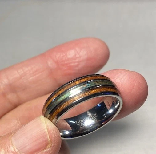 Mens 8mm Tungsten Carbide Koa Wood & Blue Opal Wed Band-Tri Inlay Signed Size 11 - Image 4 of 4