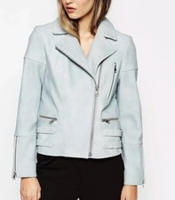 Whistles Axel Blue 100% Lambs Leather Moto Jacket Us 12 Uk 16