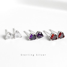 Heart Shaped CZ Solitaire Stud Earrings Ruby Amethyst 925 Sterling Silver Set C2