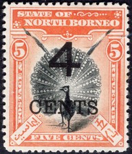 NORTH BORNEO-1899 4c on 5c Black & Orange-Vermilion Perf 13&frac12;x14 Sg 112a MM