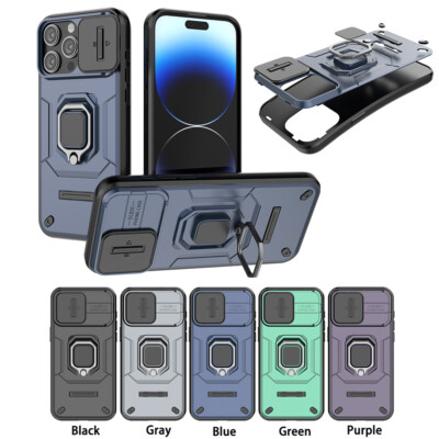 For iPhone 17 16 15 14 13 Pro Max Shockproof Armor Ring Stand Slide Phone Case