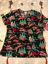 Rudolph The Red Nosed Reindeer Women  s Christmas/holiday Scrub Top. Small. New