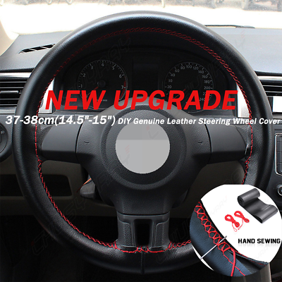 Black Leather +Red Thread DIY Genuine Leather 38cm Car Auto Steering Wheel Cover