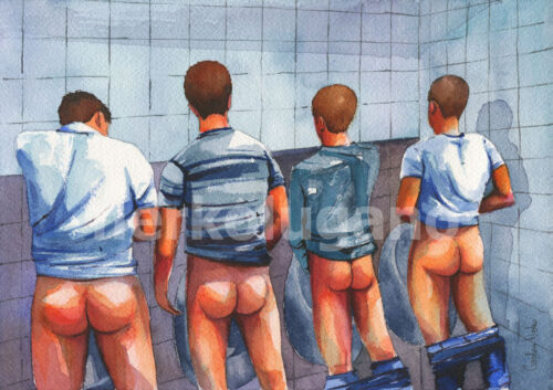 PRINT Original Art Work Watercolor Painting Gay Male Nude "Public toilet 29" - Picture 1 of 1