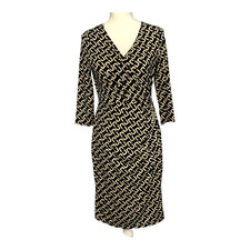 Gilli Faux Wrap Dress Womens Sz L Navy Cream Geometric Print Polyester Spandex