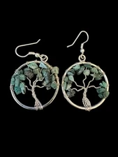 Natural Green Stone Tree Of Life Leaves Silver Tone Nature Earrings Z11