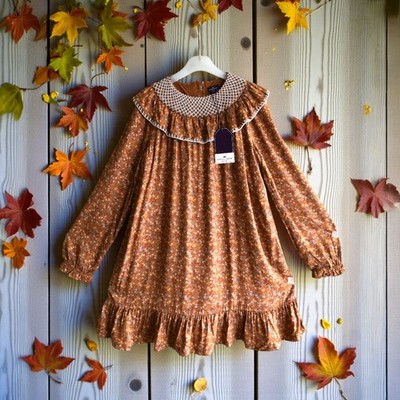 SERGEANT MAJOR - MÄDCHEN KLEID HASELNUSS MUSTER LÖWEN & BLUMEN, RÜSCHEN & SMOCKS 8A