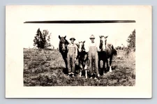 RPPC Two Farmers With Overalls Pipe Two Horses & Foal Real Photo Postcard